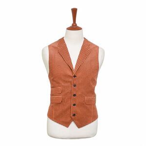 Mens Vest 44R Orange Brown Check Corduroy Waistcoat XL Formal Wedding Party